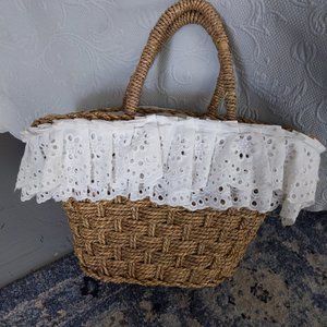 C&C California wicker straw market tote bag with white eyelet lace trim